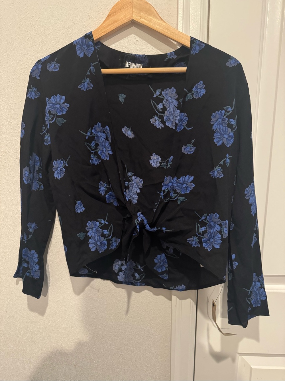 Reformation Black & Blue Floral Tie-Front Crop Top